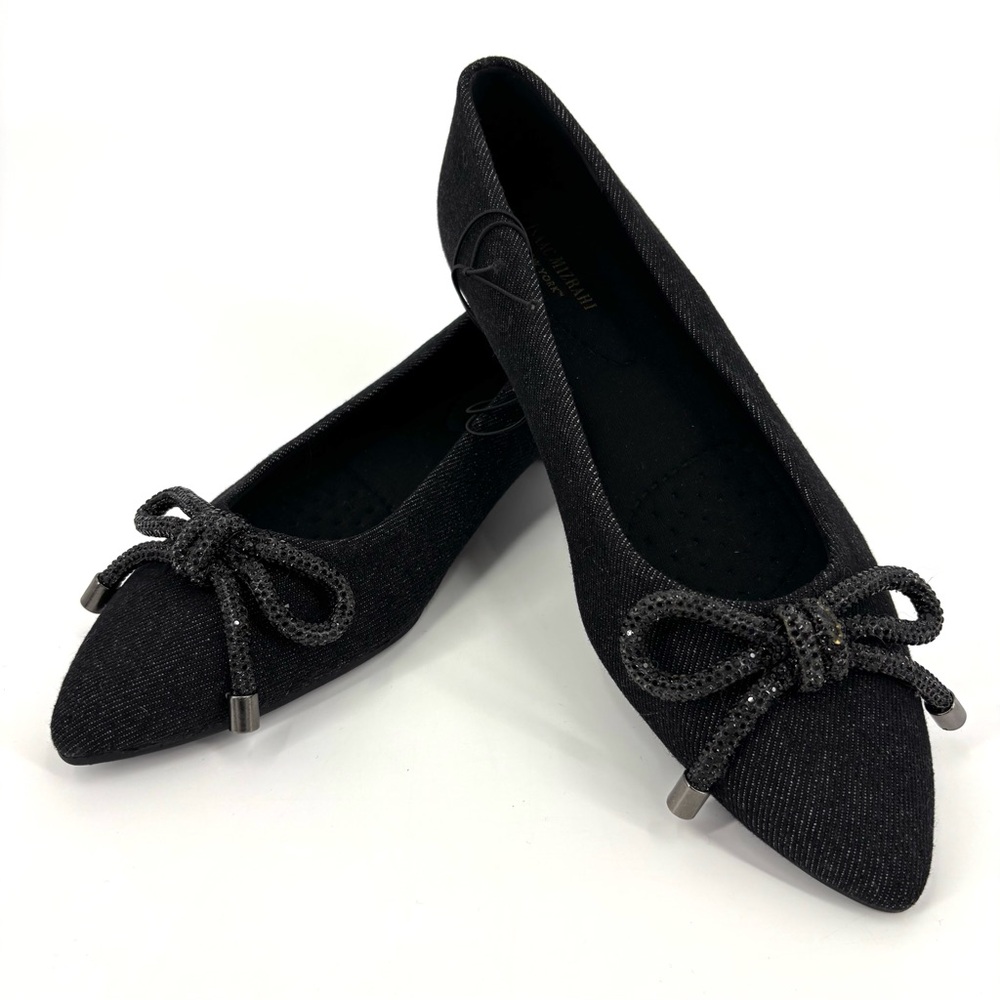 Isaac Mizrahi NWOT Black Denim Pointed Toe Ballerina Flats with Bow, EU 38